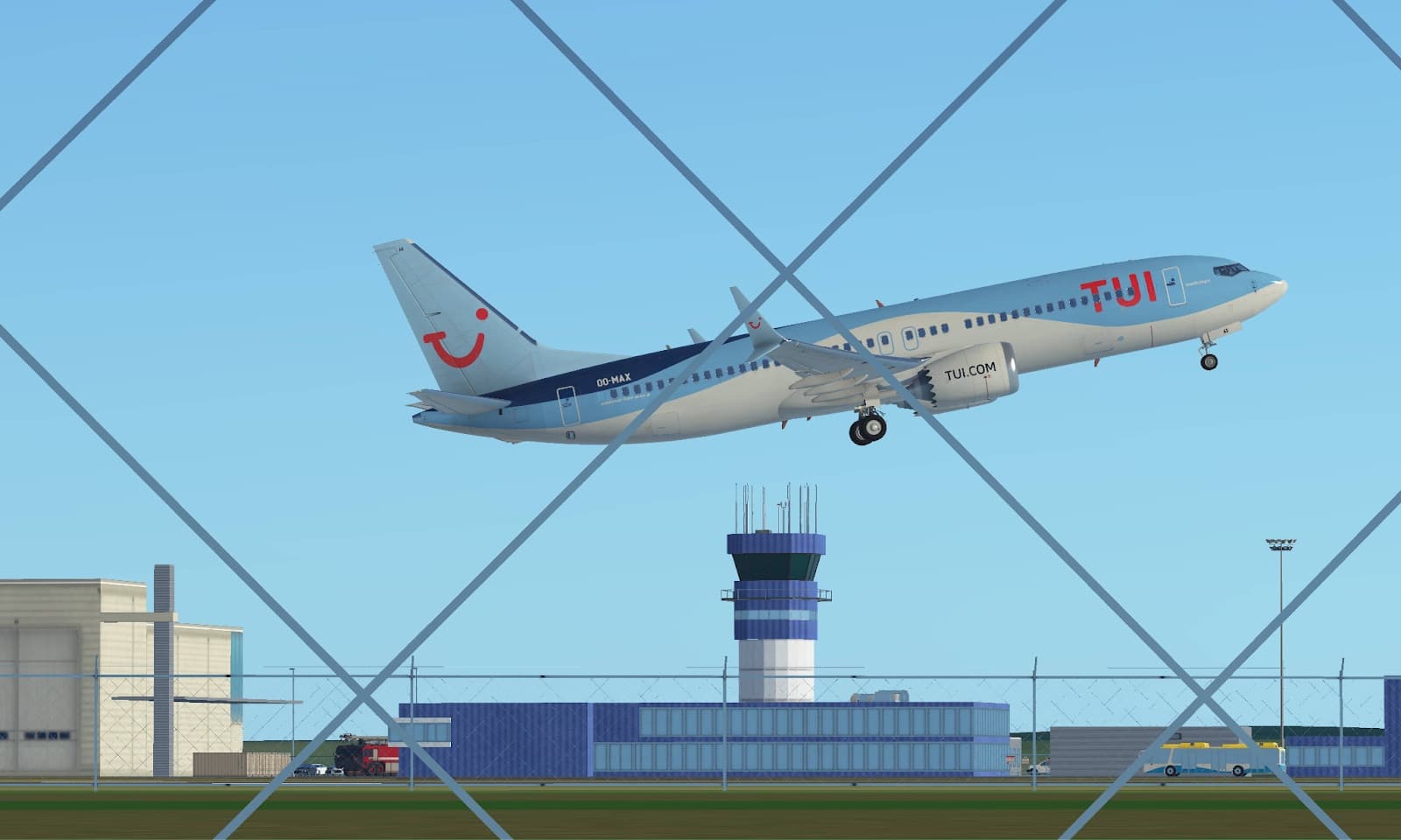 A TUI Boeing 737 MAX taking off past the control tower, seen through the airport fence