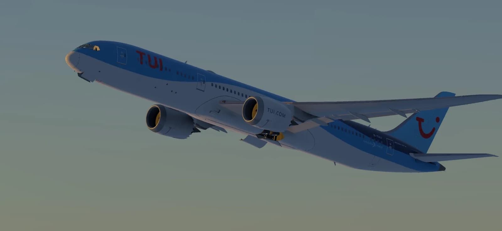 A TUI Boeing 787 Dreamliner banking in a dusky sky