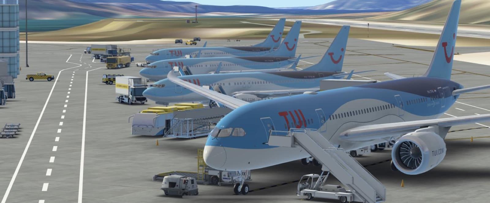 A row of TUI Boeing 787 Dreamliners parked at the gates